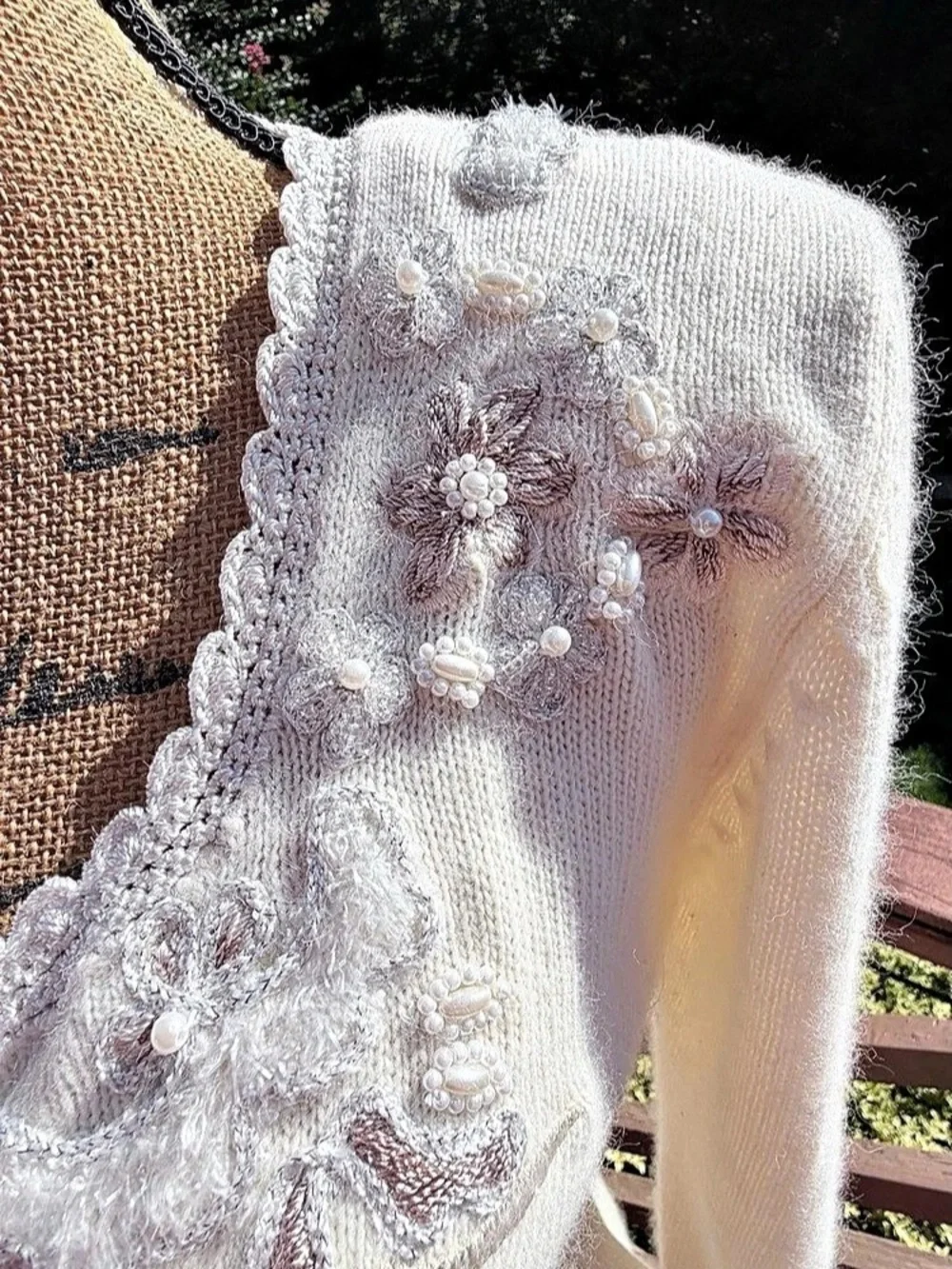 Vintage 90 Ivory Angora Knit Peplum Skirt & Sweater Set Floral Beaded Lace M